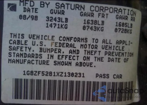 1999 Saturn Sl из США, поврежденный, VIN 1G8ZF5281XZ130231